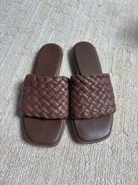 Vince Brown Woven Leather Slide Sandals